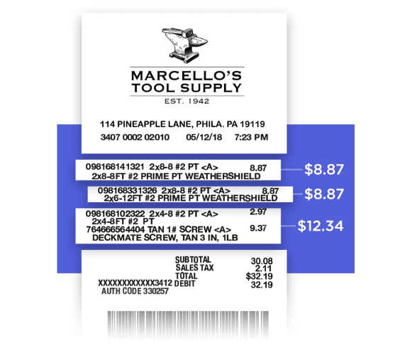 Digital receipt showing itemized purchases, prices, and total payment amount.